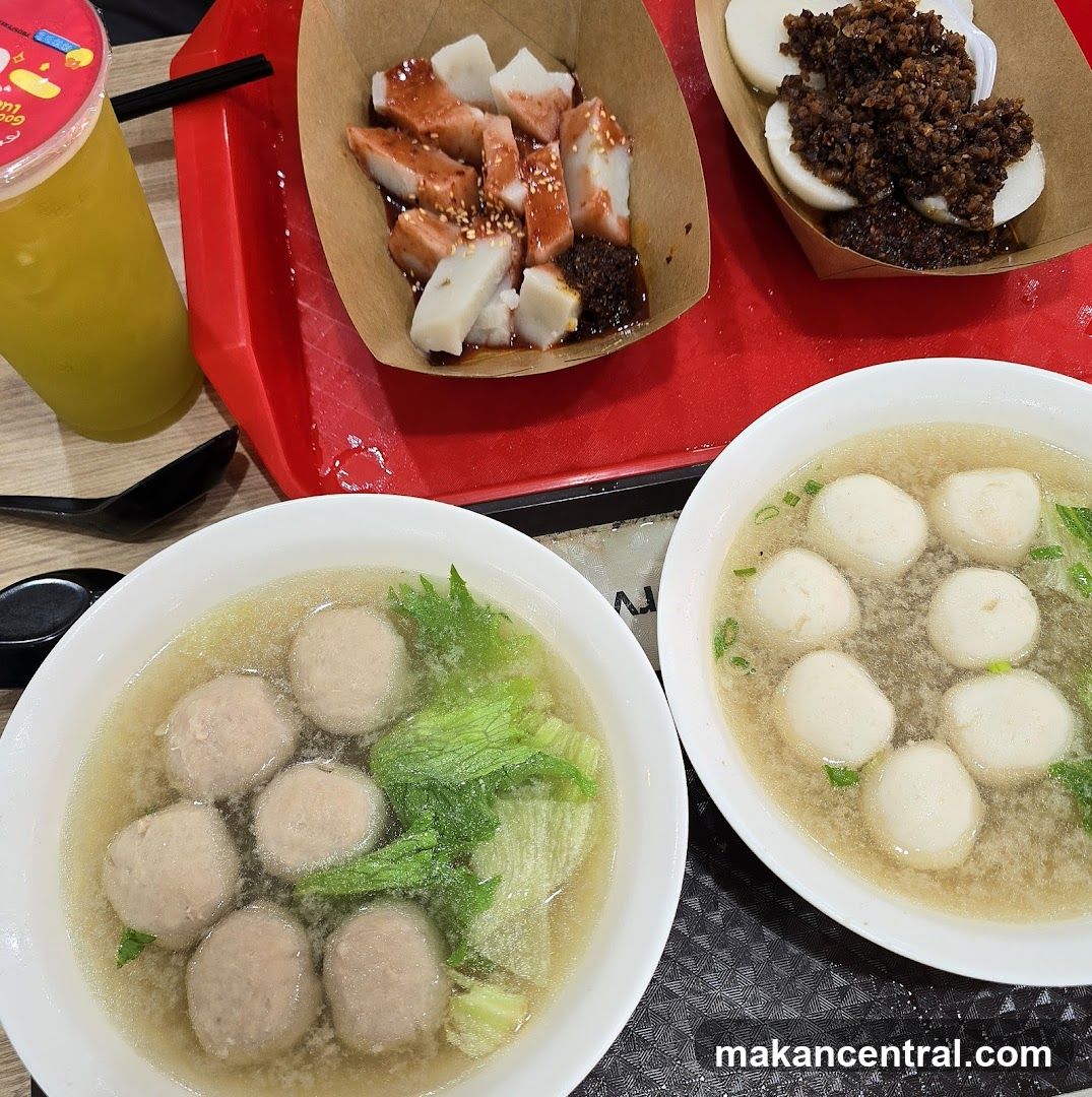 Food spread with soup and drinks