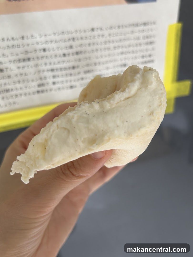 Close-up of a pastry with text in the background