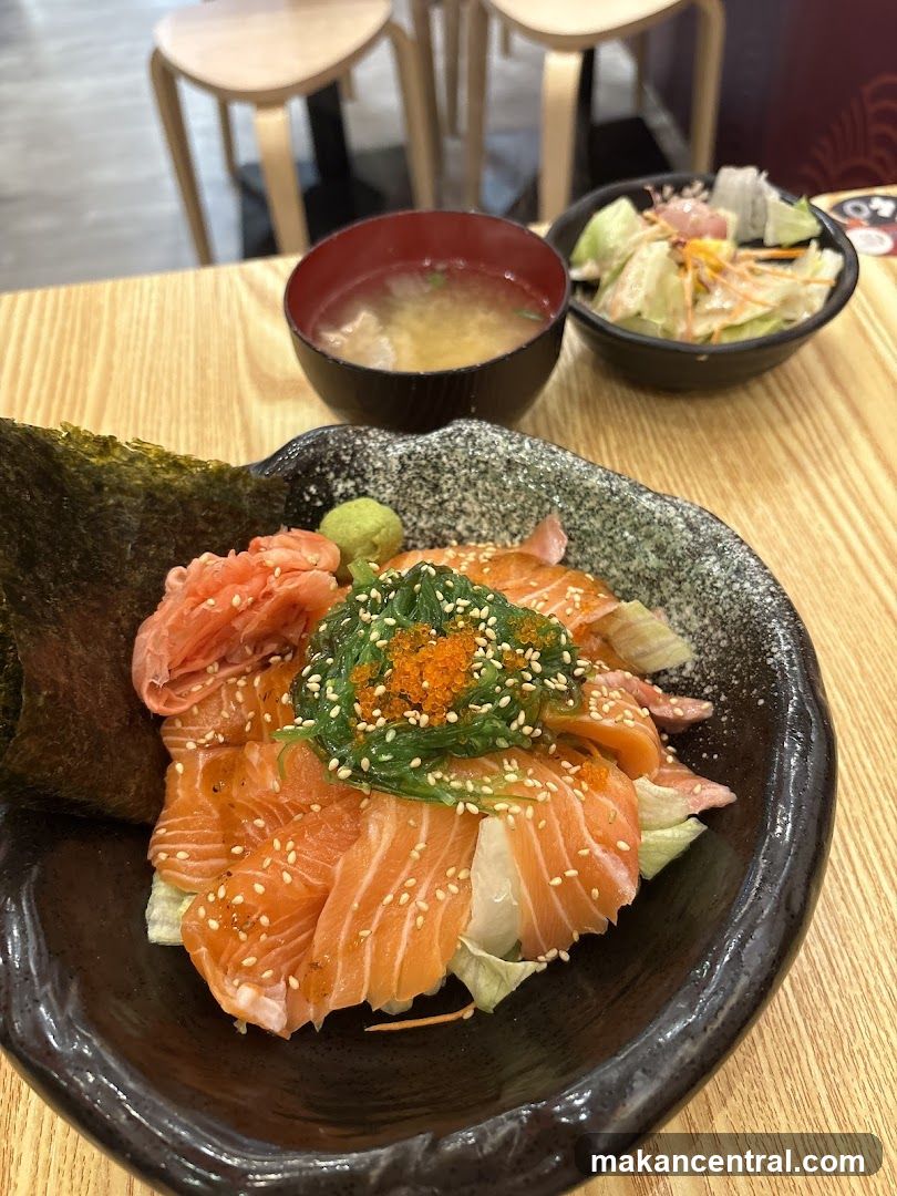 Salmon Donburi with Miso Soup and Salad