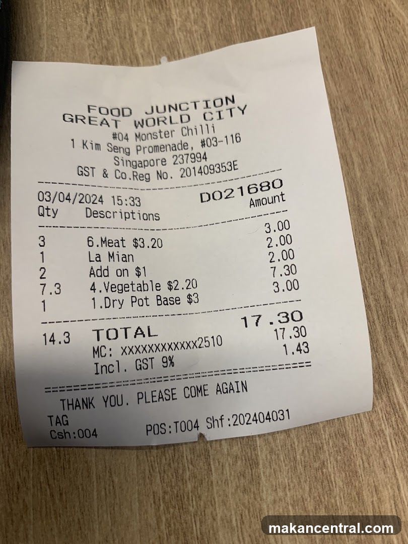 Receipt from Food Junction
