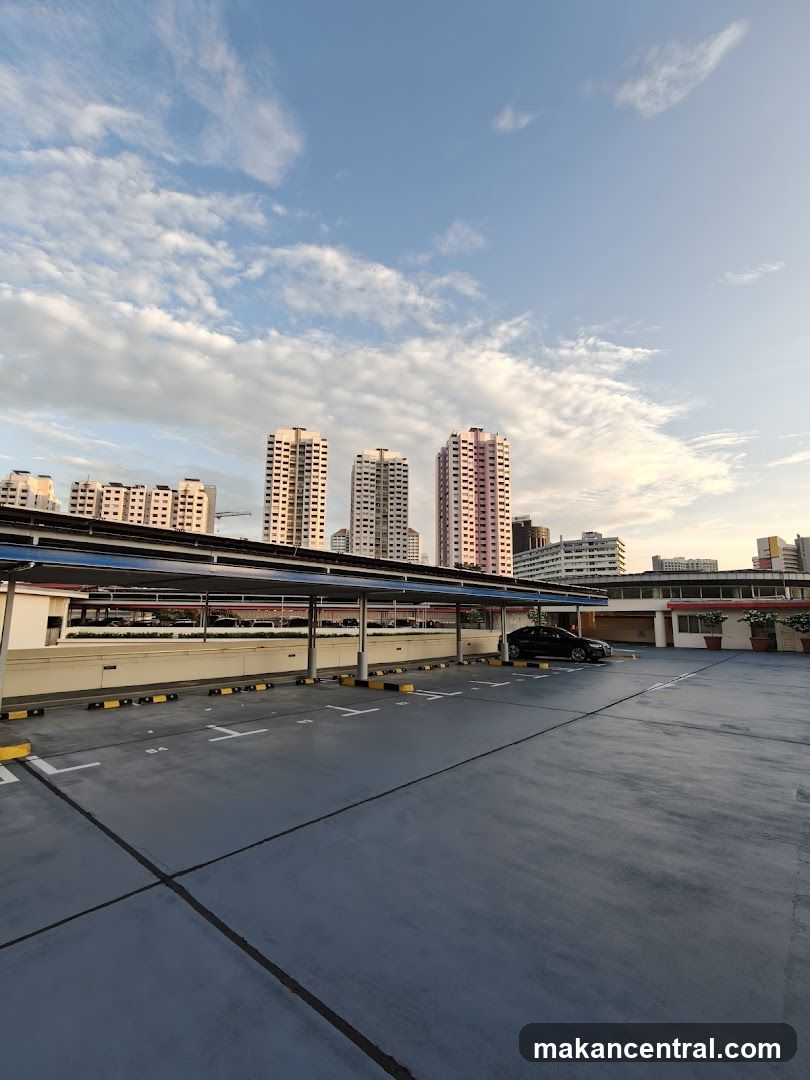 Rooftop Parking Lot with City Skyline