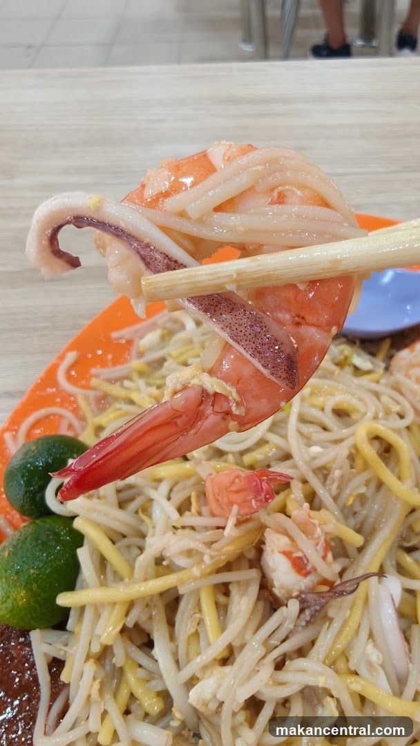 Close-up of noodle dish with seafood