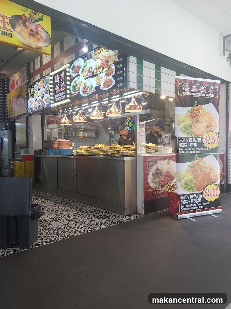 Food stall interior with promotional signage