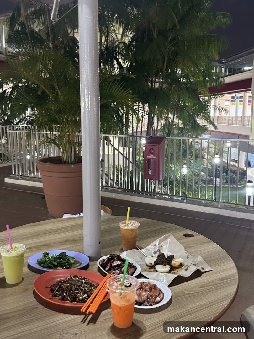 Outdoor dining area at night