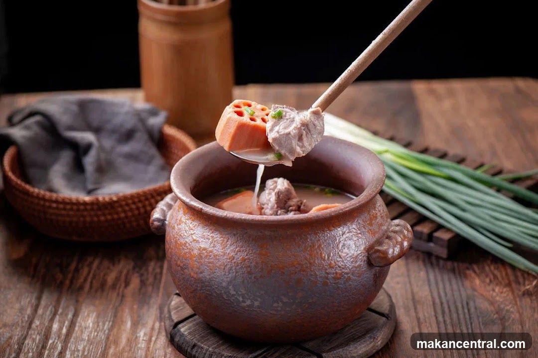 Ladle of Soup Over Clay Pot