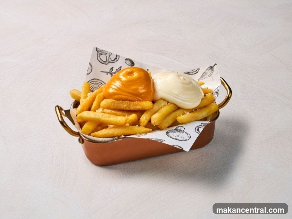 Fries with sauces in a copper dish