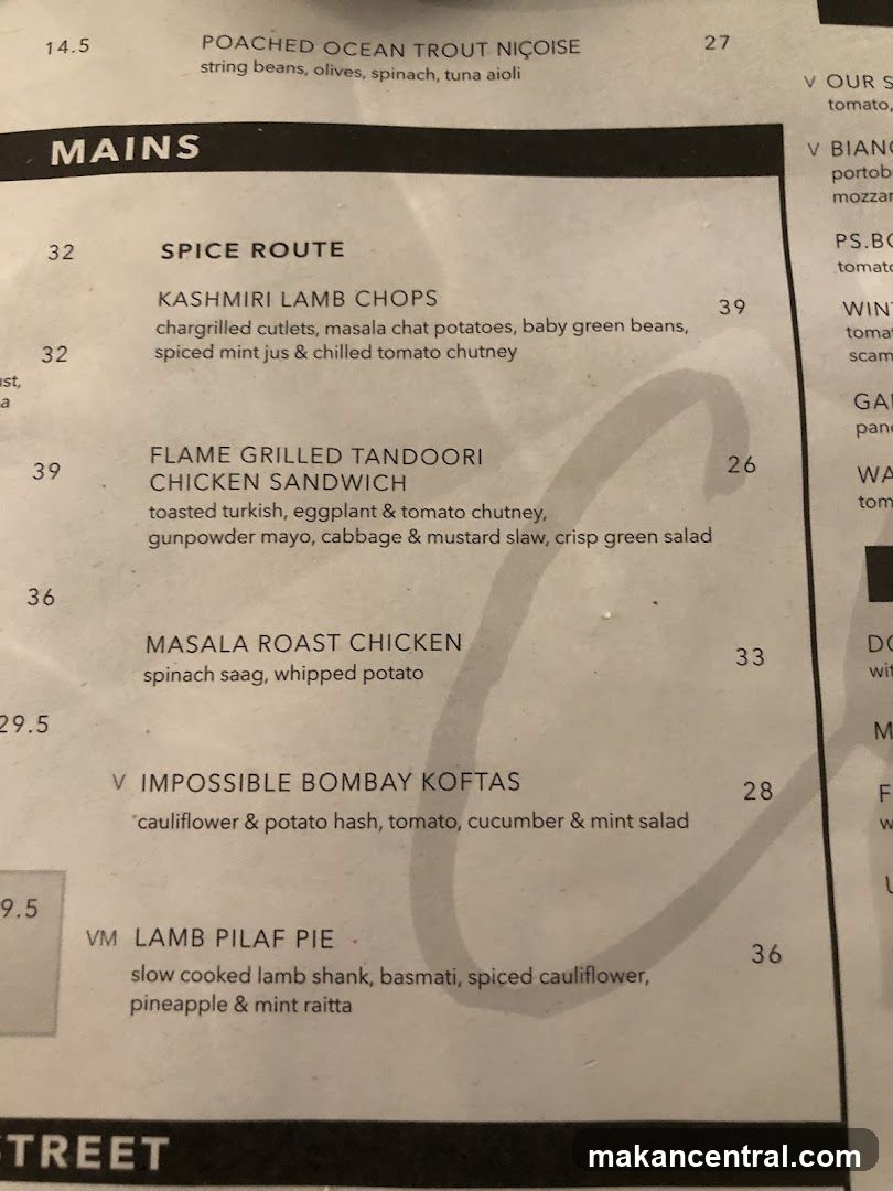 Mains Section of Menu