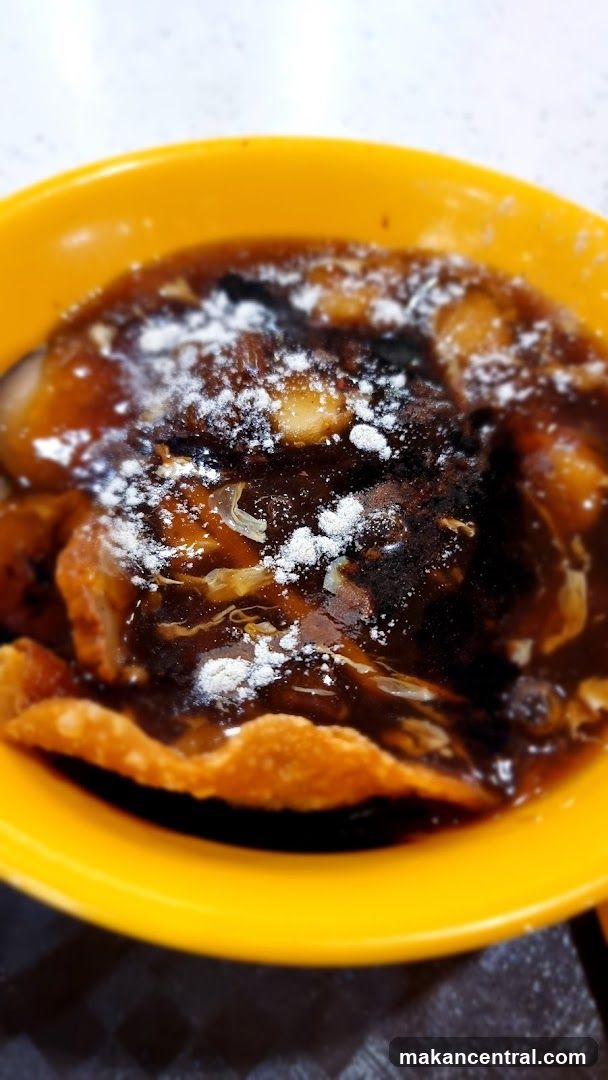 Close-up of a dish with dark sauce and white powder
