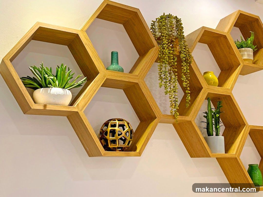 Honeycomb Shelving with Decorative Items
