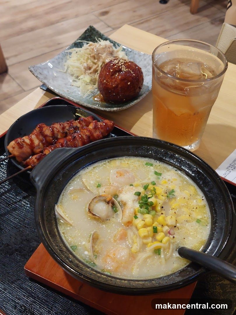 Japanese Meal with Ramen and Skewers
