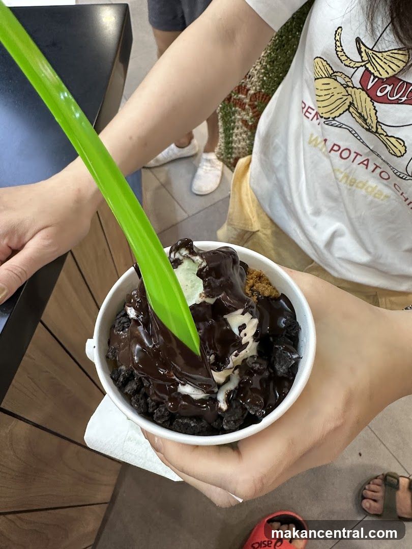Ice cream with chocolate topping