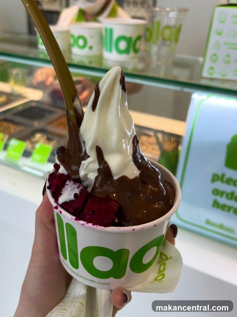 Frozen Yogurt with Chocolate Drizzle and Dragon Fruit