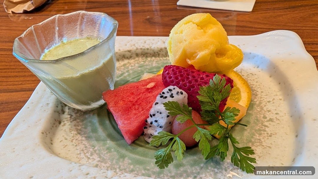 Fruit Platter with Sorbet and Matcha Drink