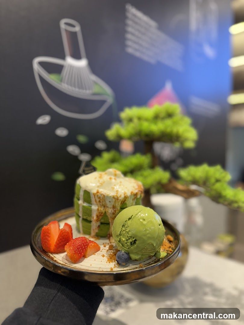 Matcha dessert with ice cream and strawberries
