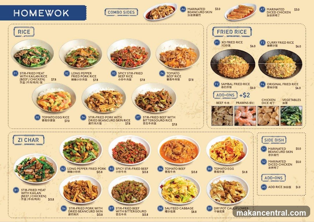 A menu with sections for Rice, Zi Char, Fried Rice, and Side Dish.