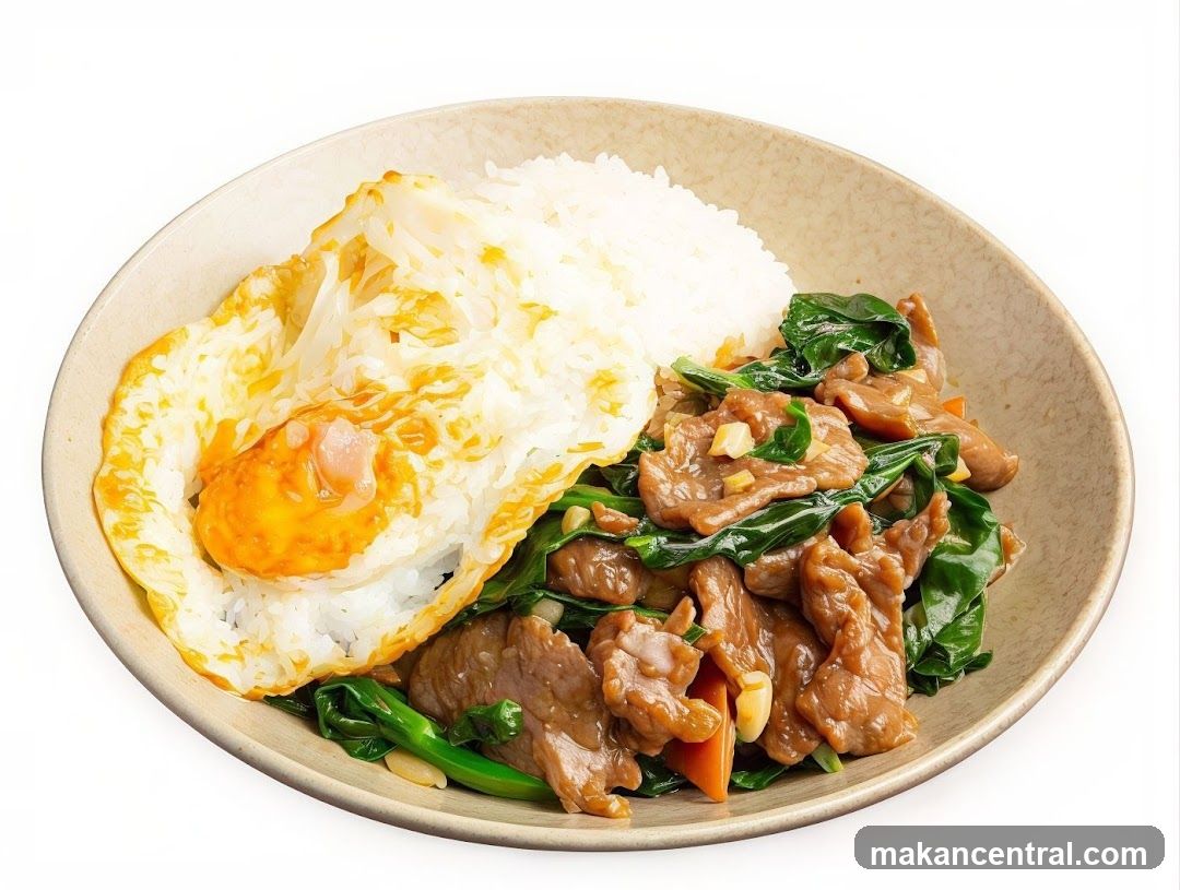 Beef and Greens with Fried Egg and Rice