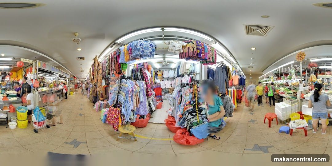 Market stalls with clothing and produce
