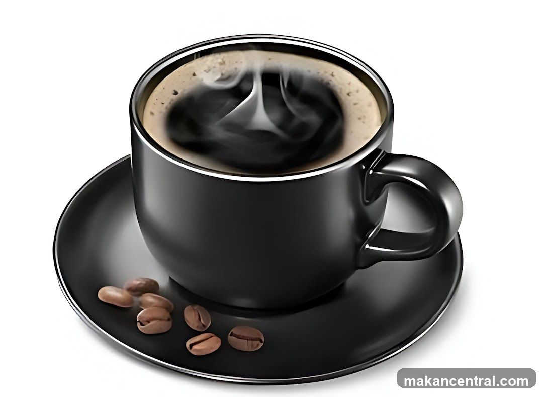 Black coffee with steam and beans