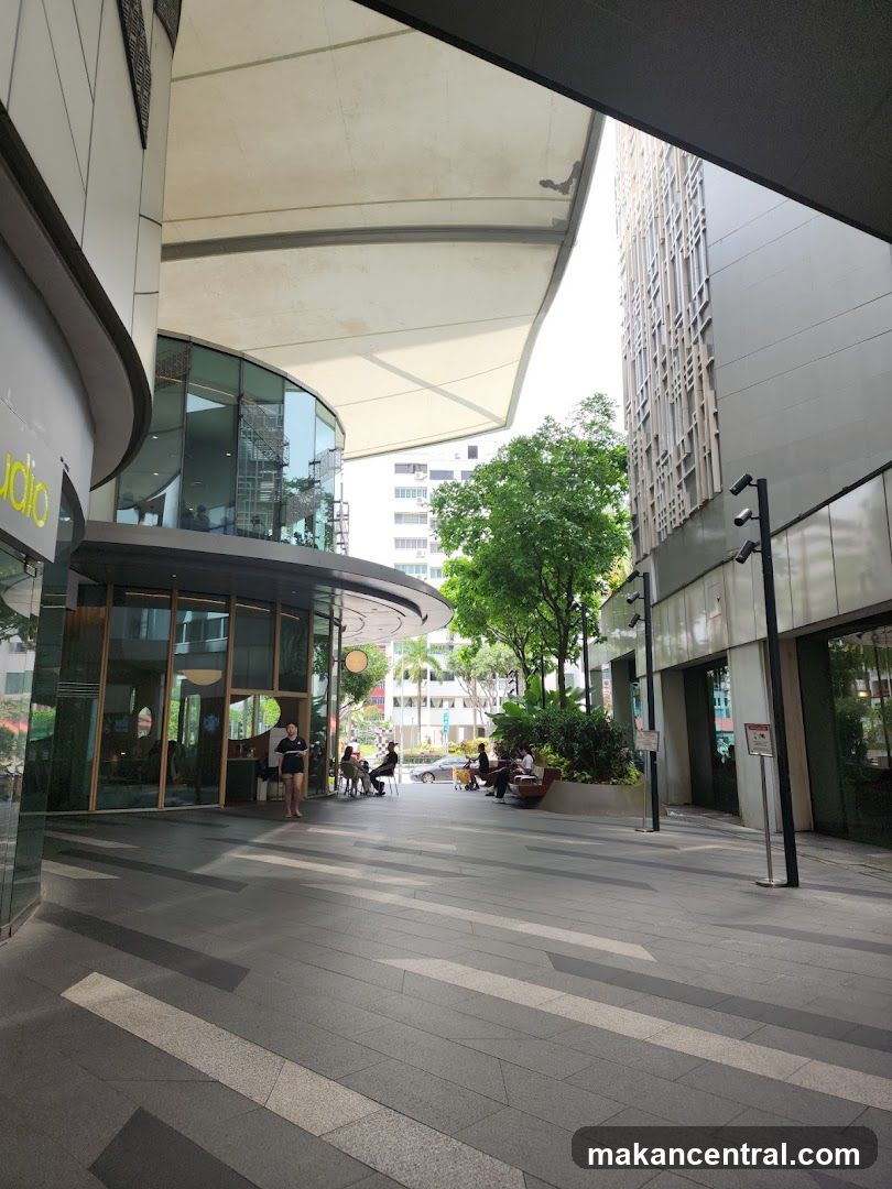 Outdoor seating area with modern architecture