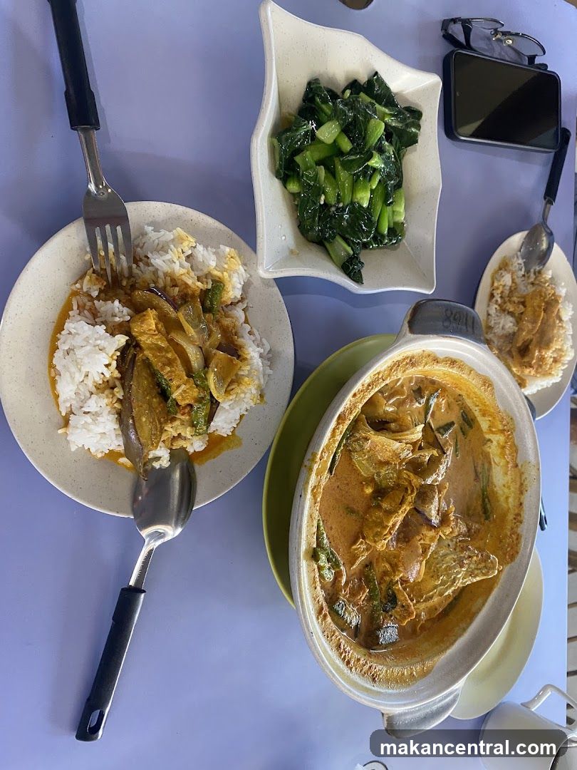 Curry dishes with rice and vegetables