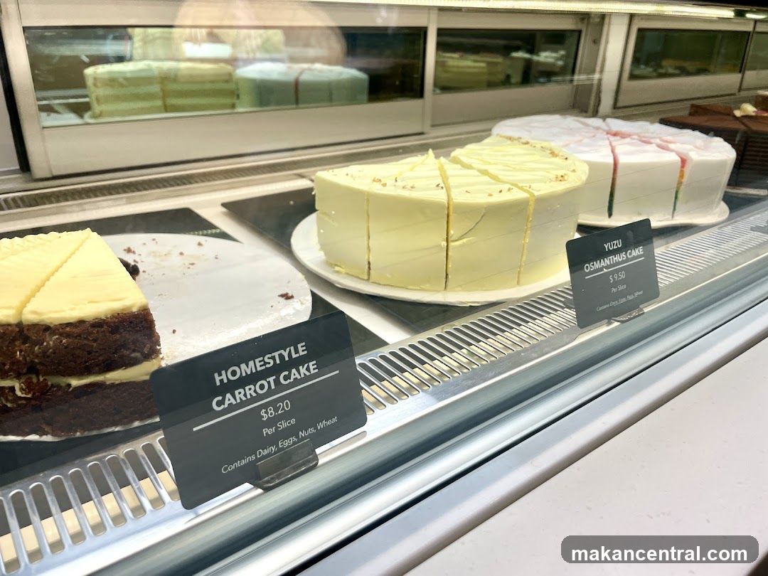 Cakes in a display case