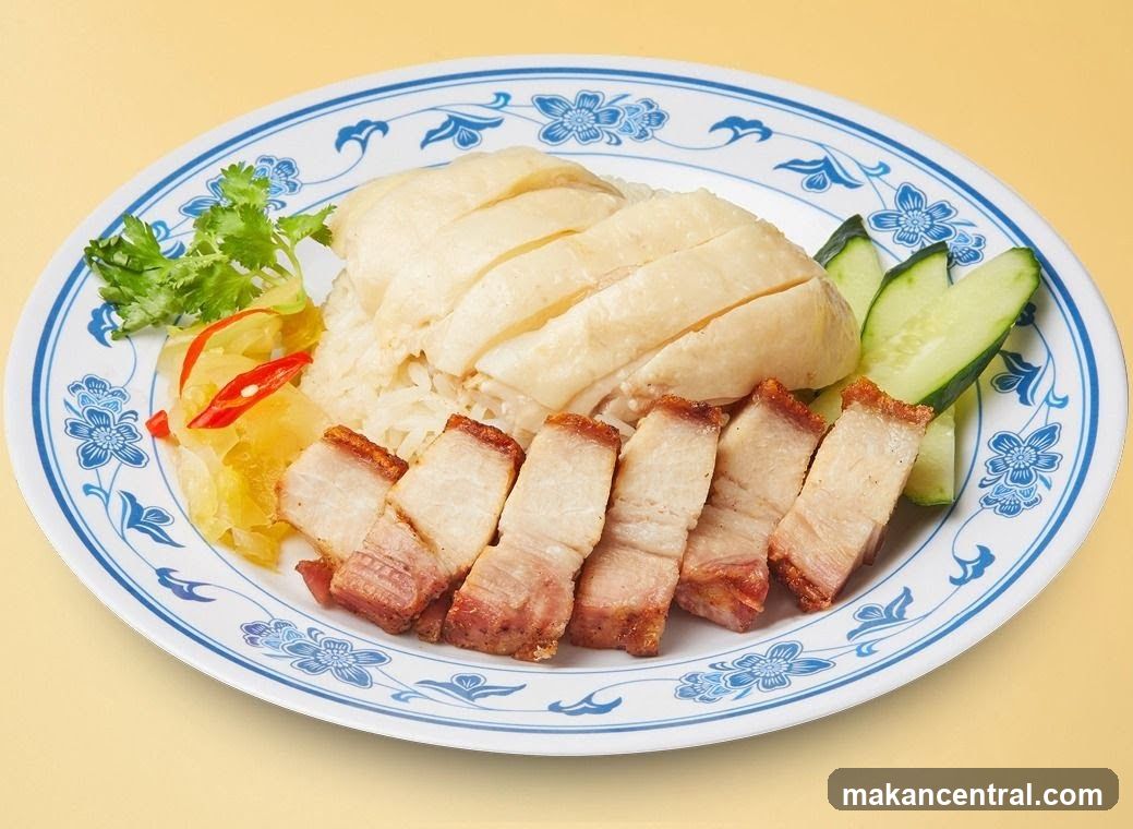 Hainanese Chicken Rice with Crispy Pork Belly