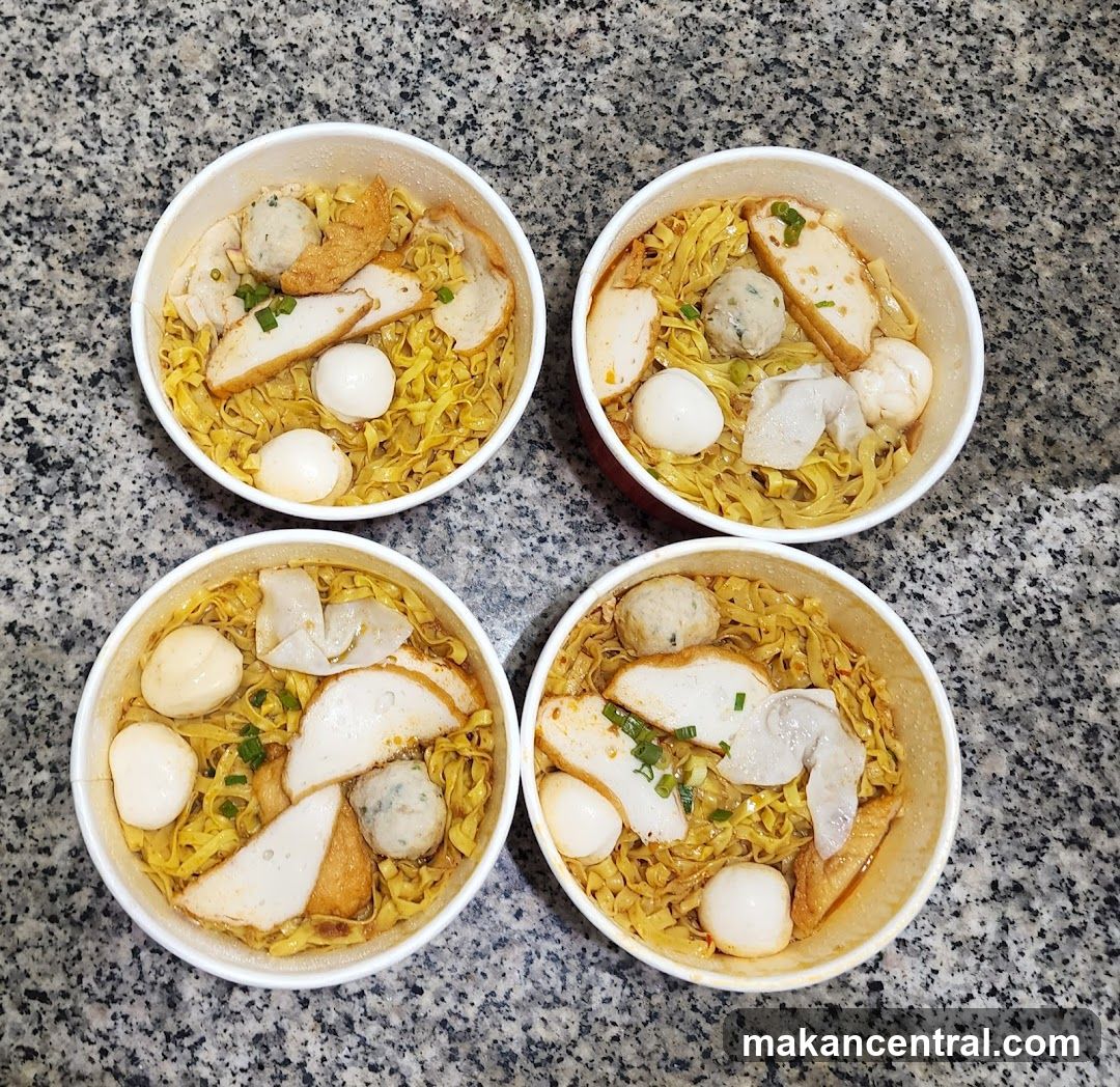 Four bowls of noodles