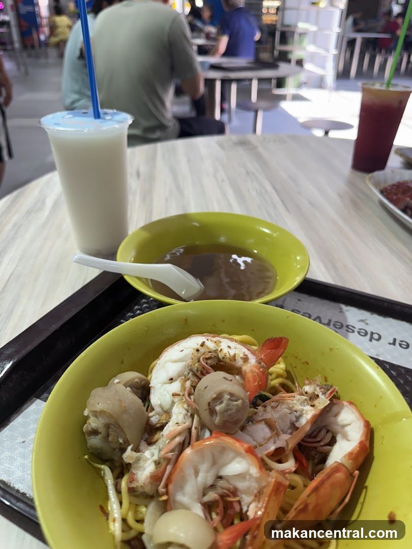 Noodle Dish with Shrimp and Drink