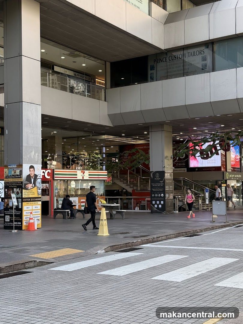 Street scene with shops and pedestrians