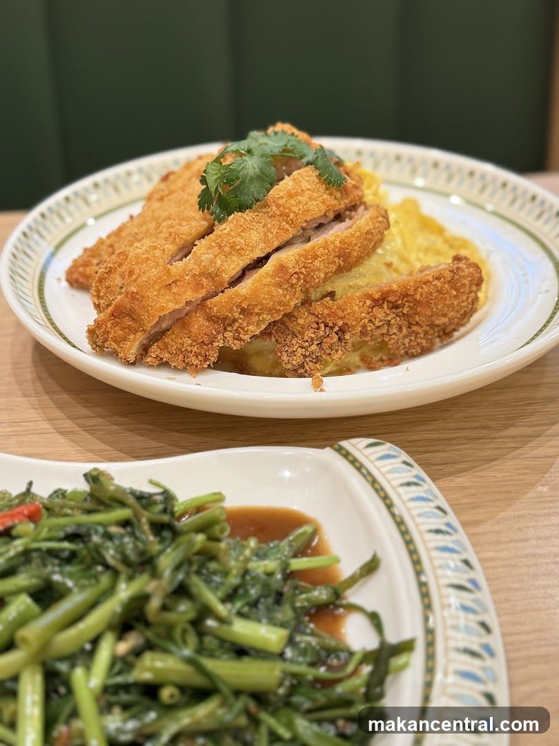 Fried Pork Cutlet with Scrambled Eggs and Stir-fried Water Spinach