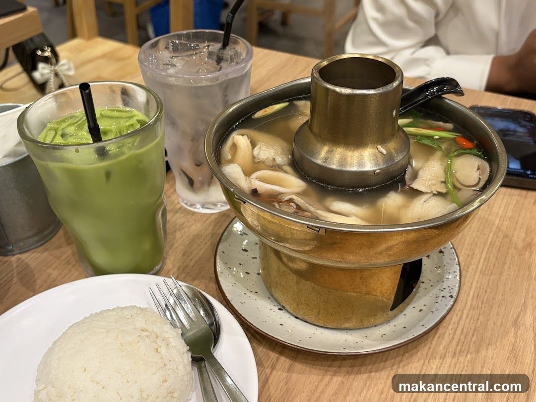 Tom Yum Soup with Rice and Matcha Drink