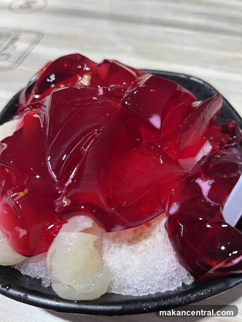 Shaved Ice Dessert with Red Jelly and Lychee