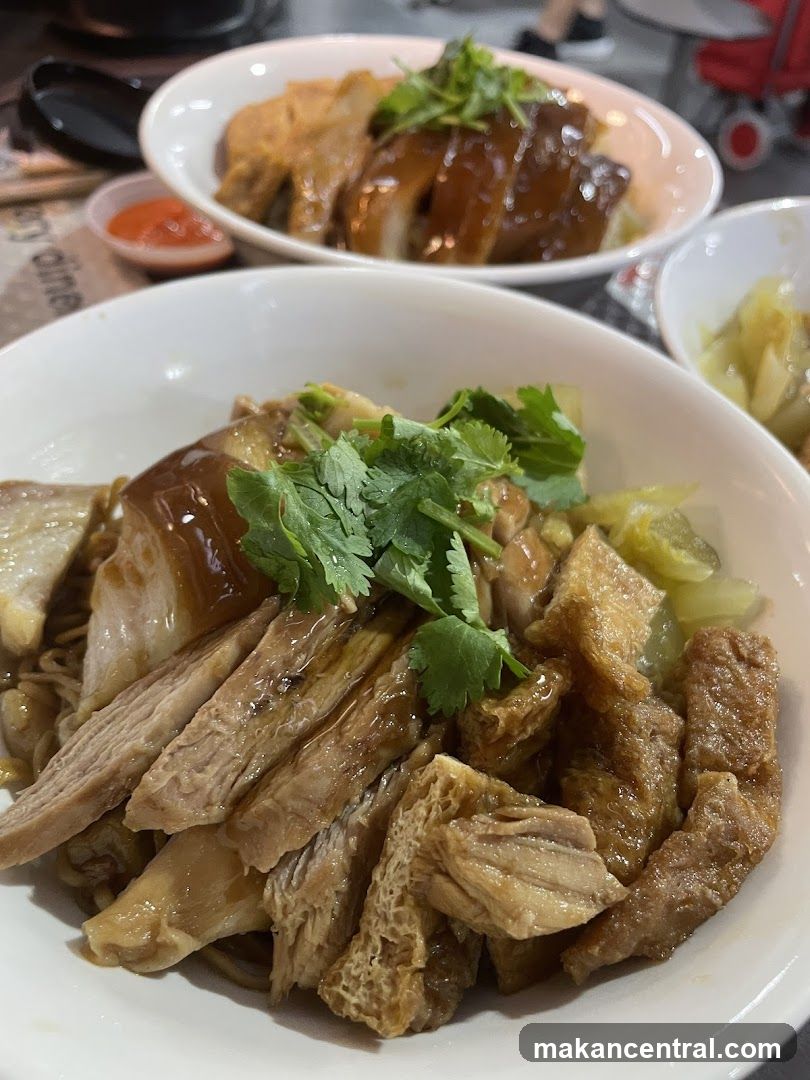 A close-up shot of two bowls of noodles topped with braised duck and other ingredients. The bowl in the foreground features sliced braised duck, fried tofu puffs, and pickled vegetables, all served over noodles and drizzled with a savory sauce. A sprig of cilantro garnishes the dish. A small dish of chili sauce is visible to the left. Another bowl of similar noodles is slightly out of focus in the background.