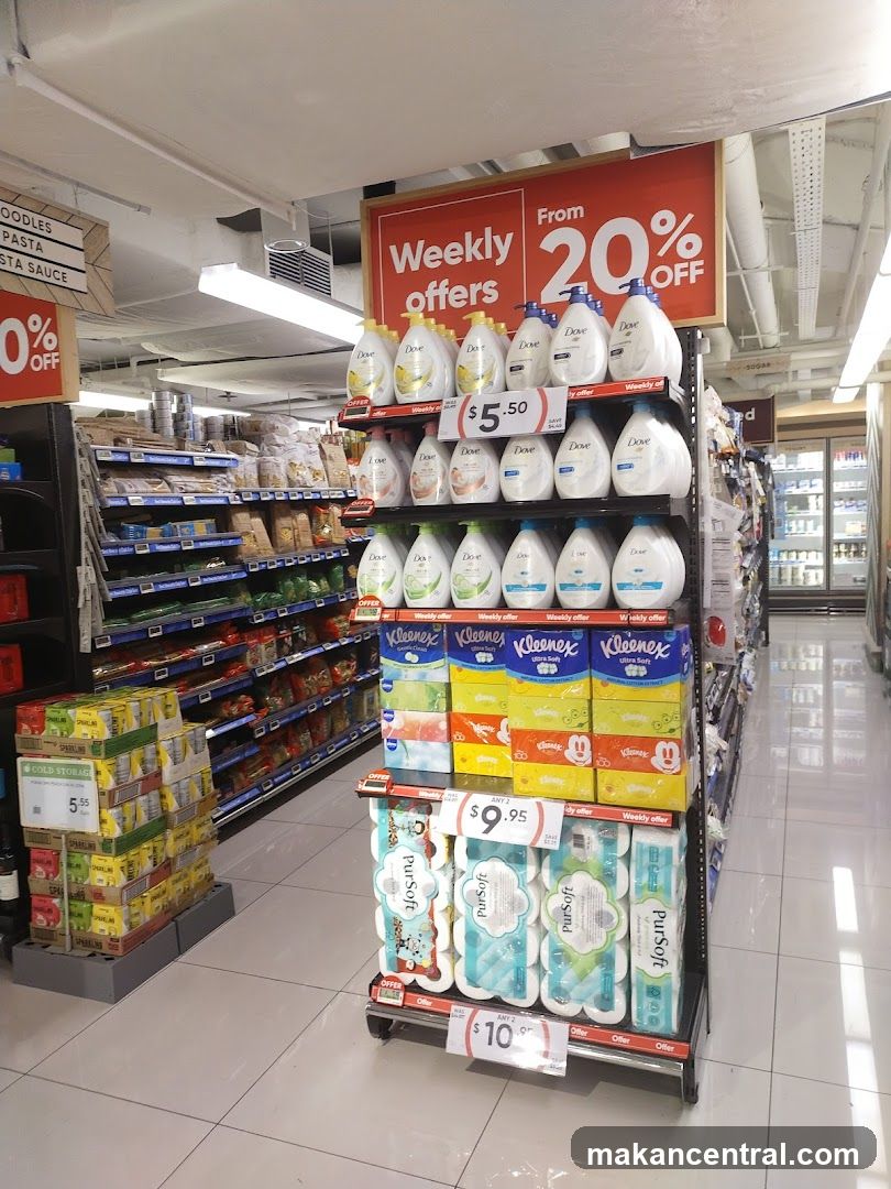 Supermarket aisle with weekly offers