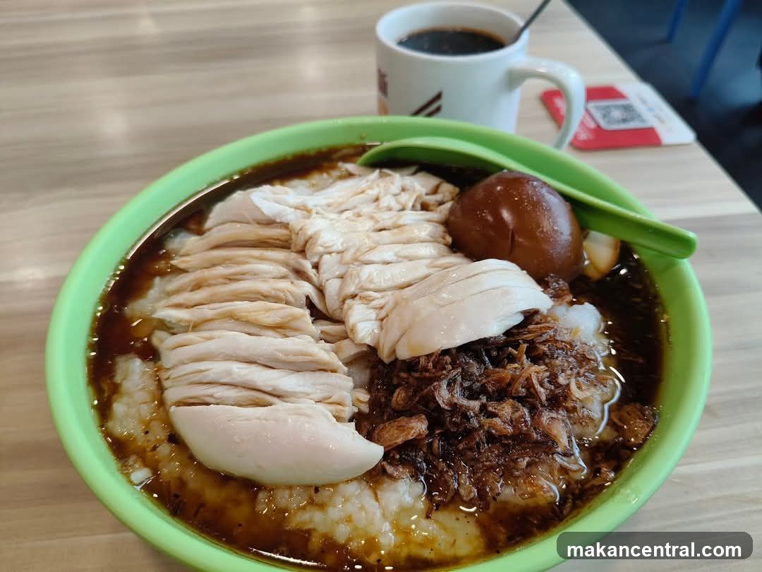 Chicken Congee with Braised Egg and Coffee