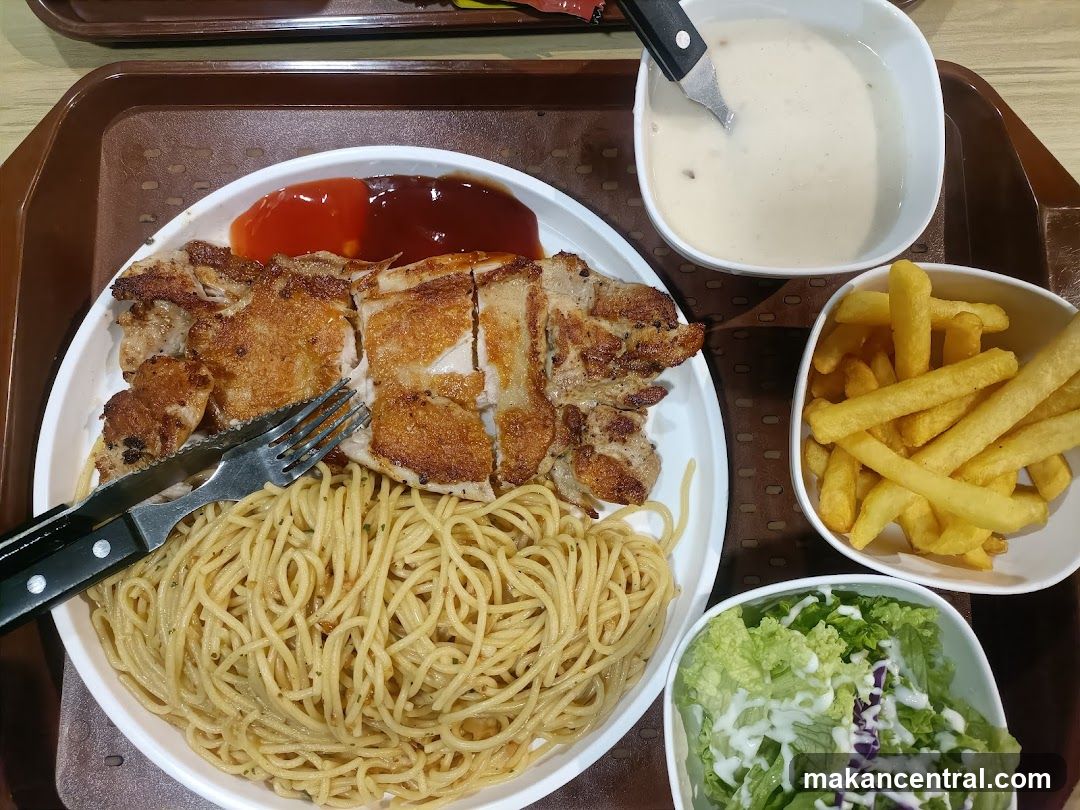 Chicken Steak with Spaghetti and Fries