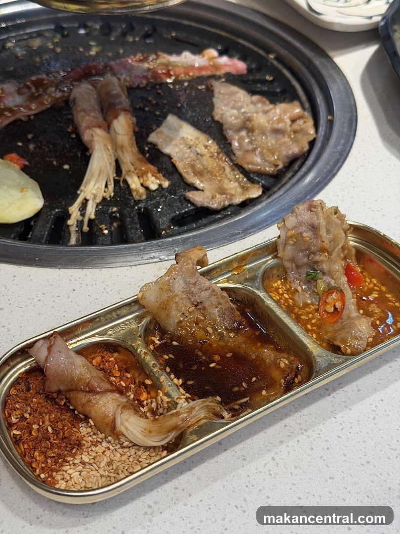 Grilling Meat and Enoki Mushrooms
