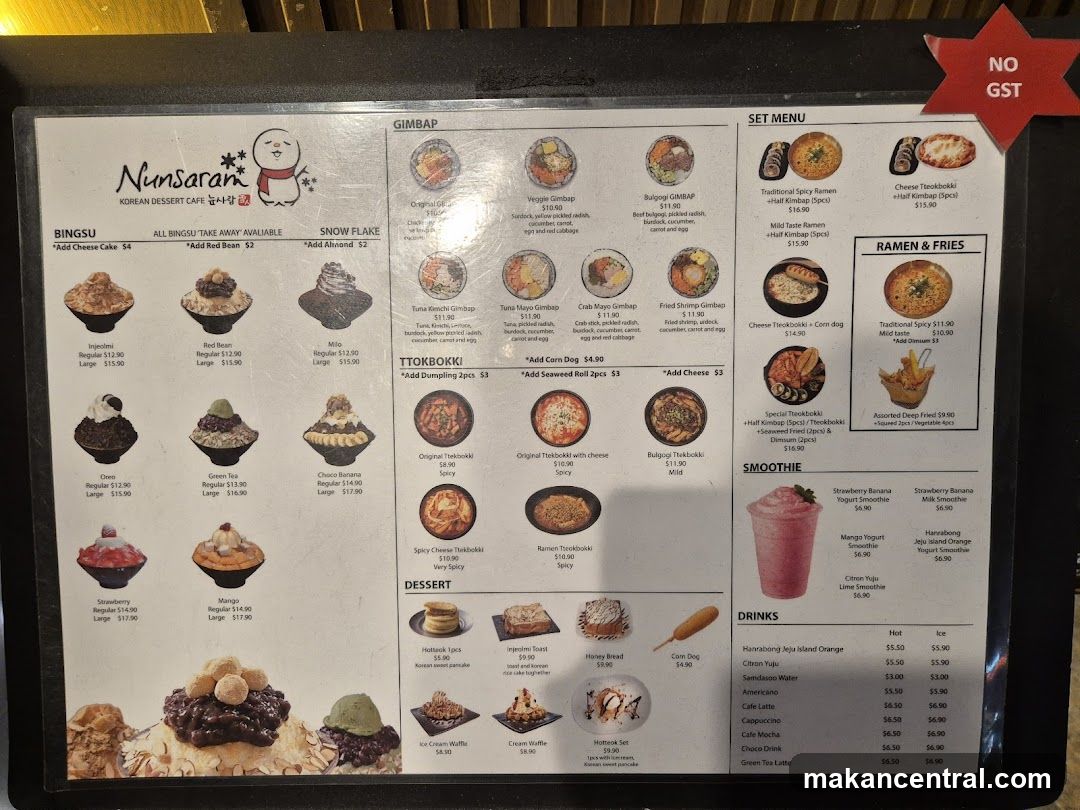 Nunsaran Korean Dessert Cafe Menu