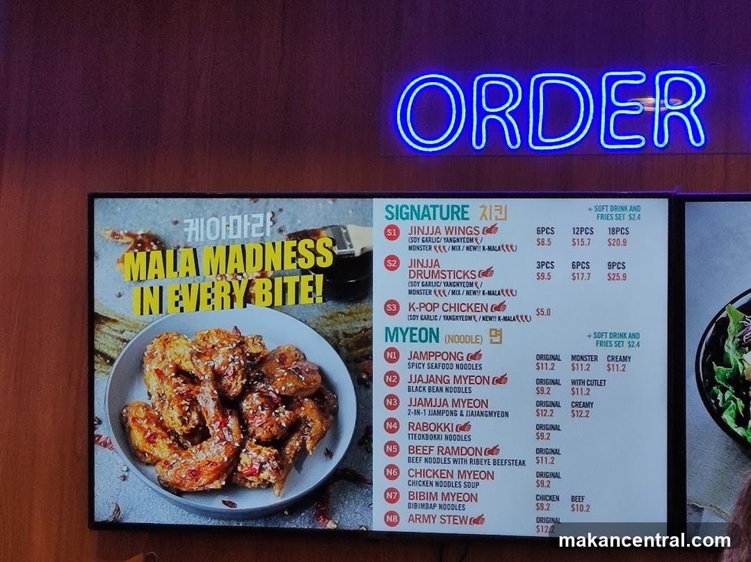 Menu with Korean Fried Chicken and Noodles