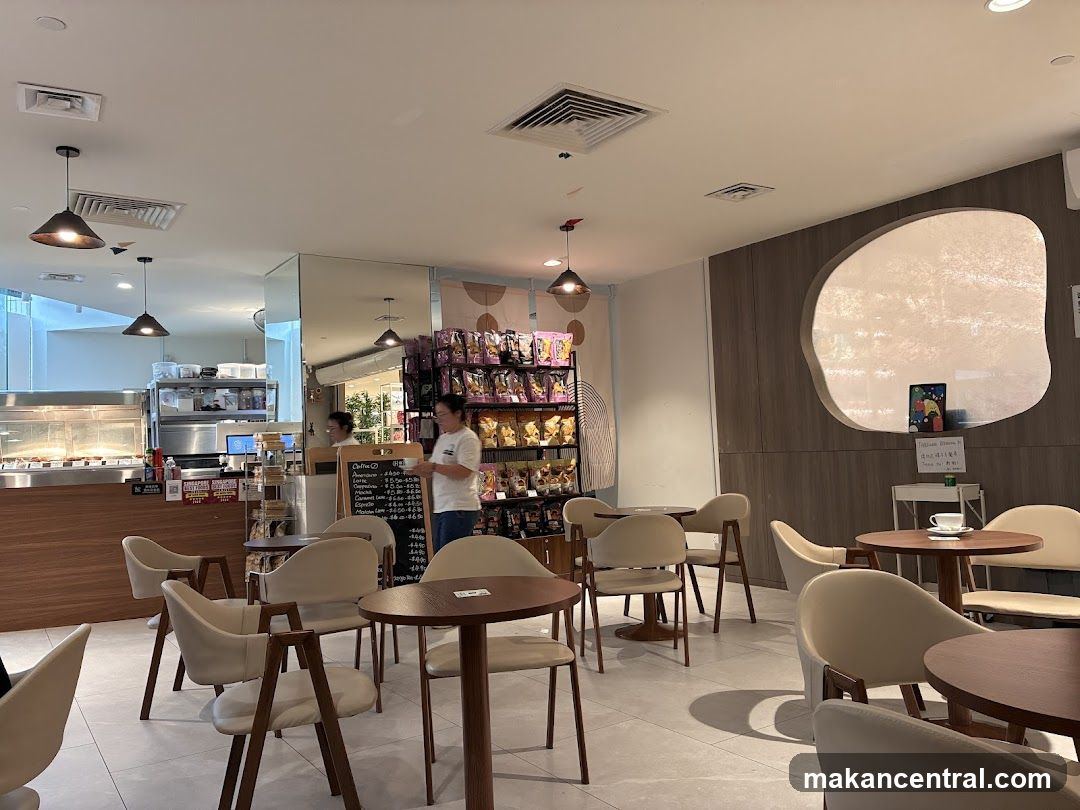 Cafe Interior with Seating and Shelves
