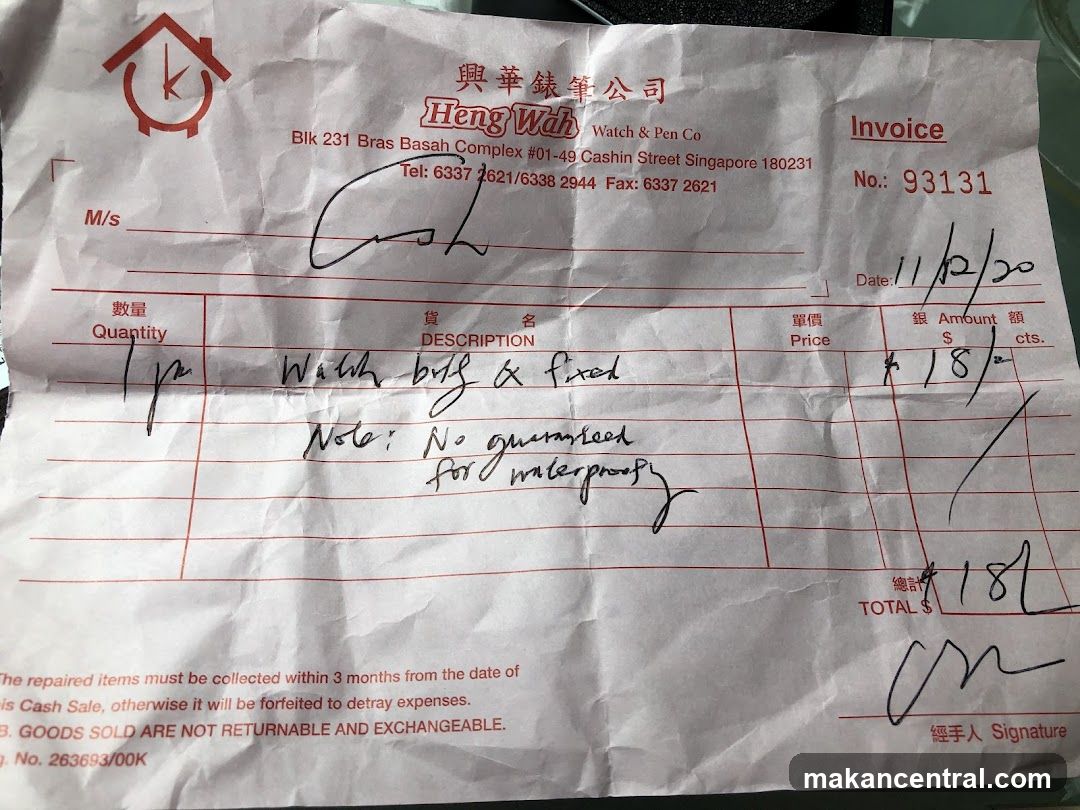 Invoice from Heng Wah Watch & Pen Co.