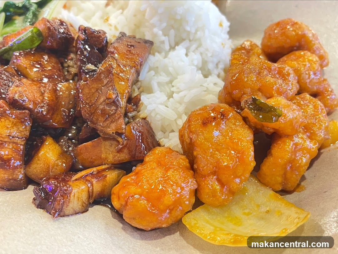 Braised Pork Belly and Orange Chicken with Rice