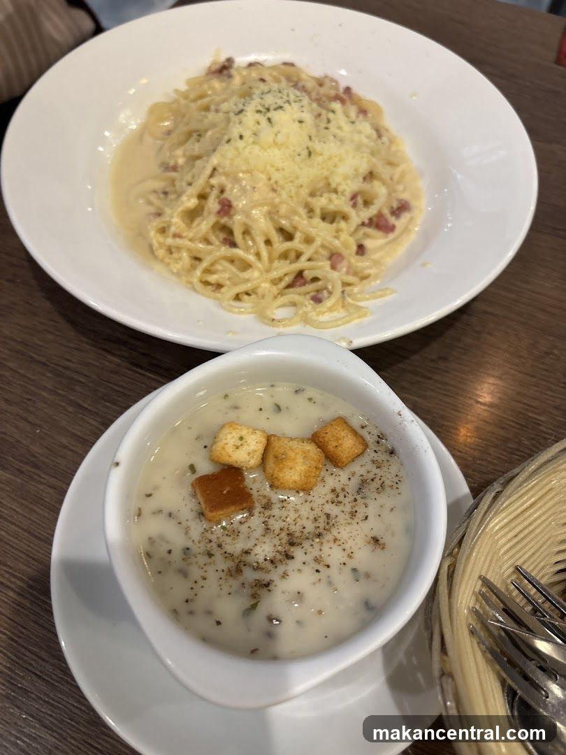 Spaghetti Carbonara and Cream of Mushroom Soup