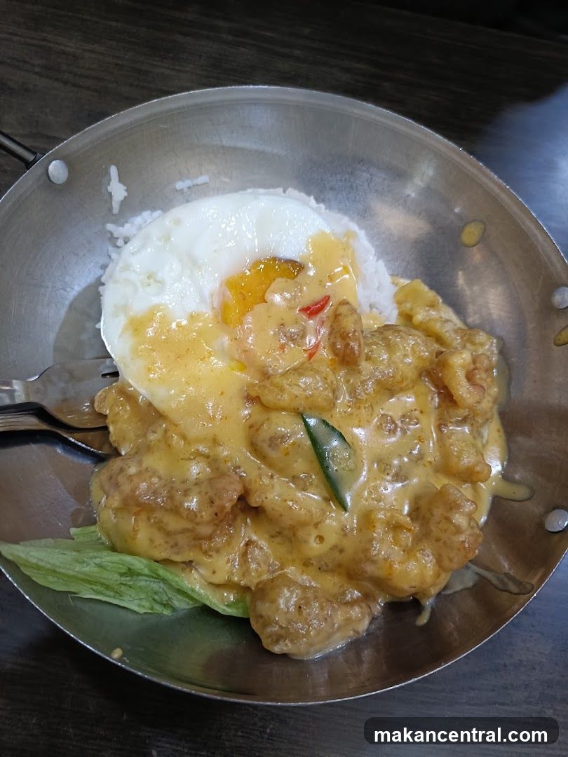 Salted Egg Yolk Prawns with Rice and Fried Egg