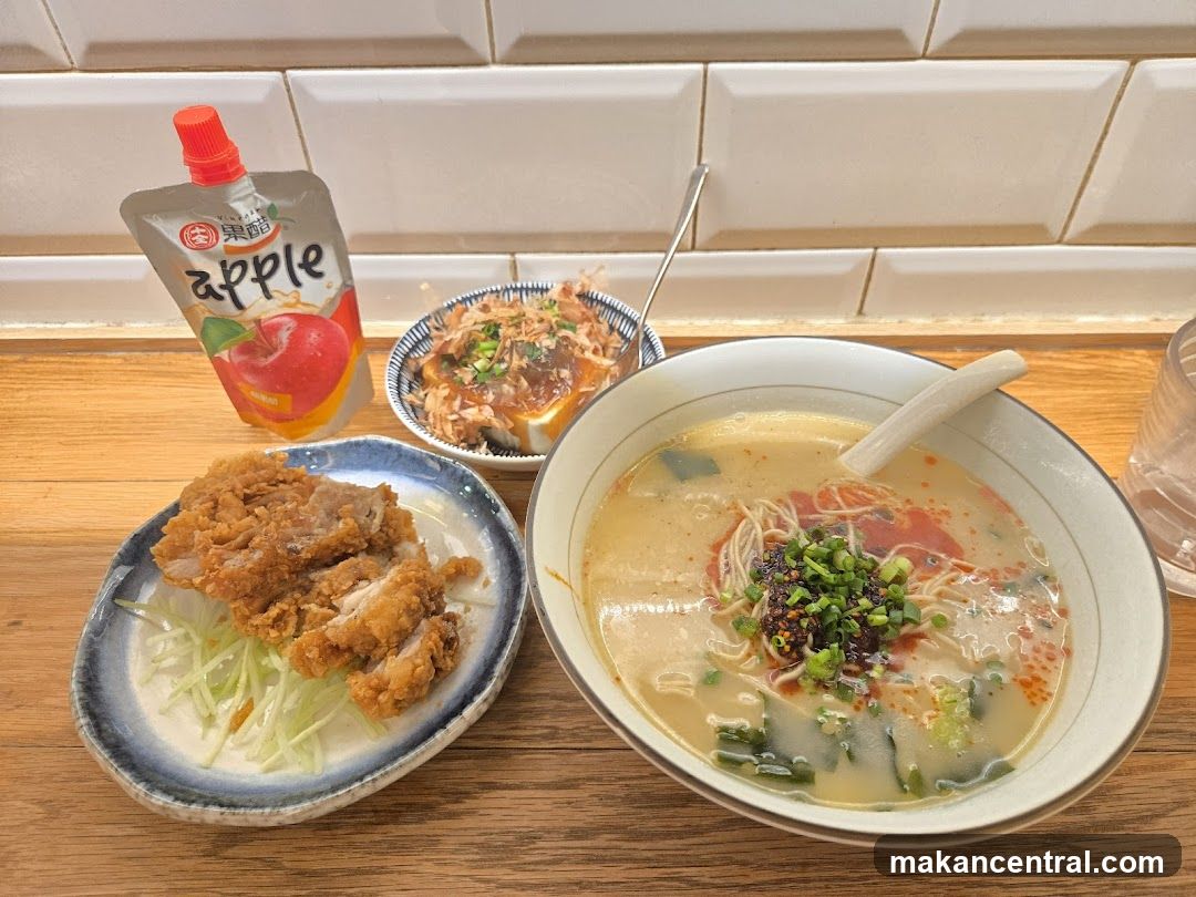 Ramen Meal with Fried Chicken and Apple Drink