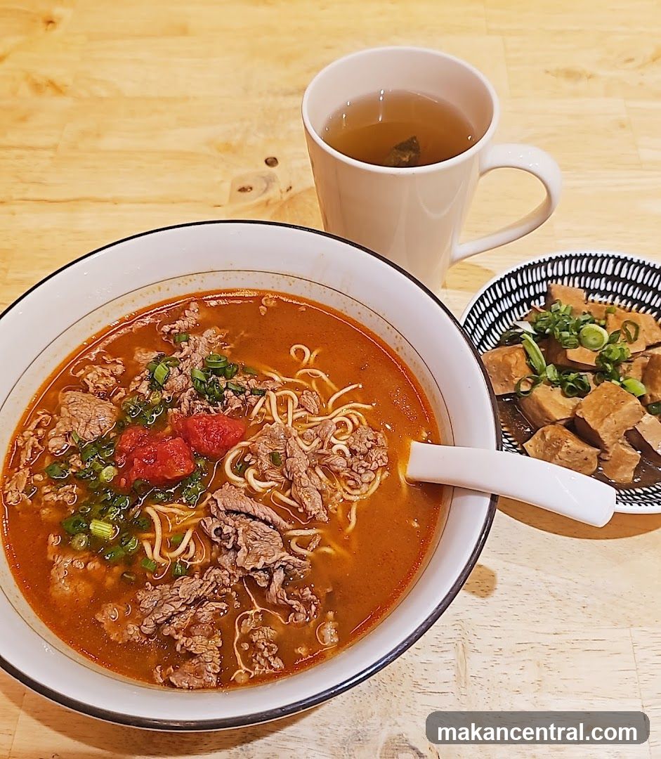 Beef Noodle Soup with Tofu and Tea