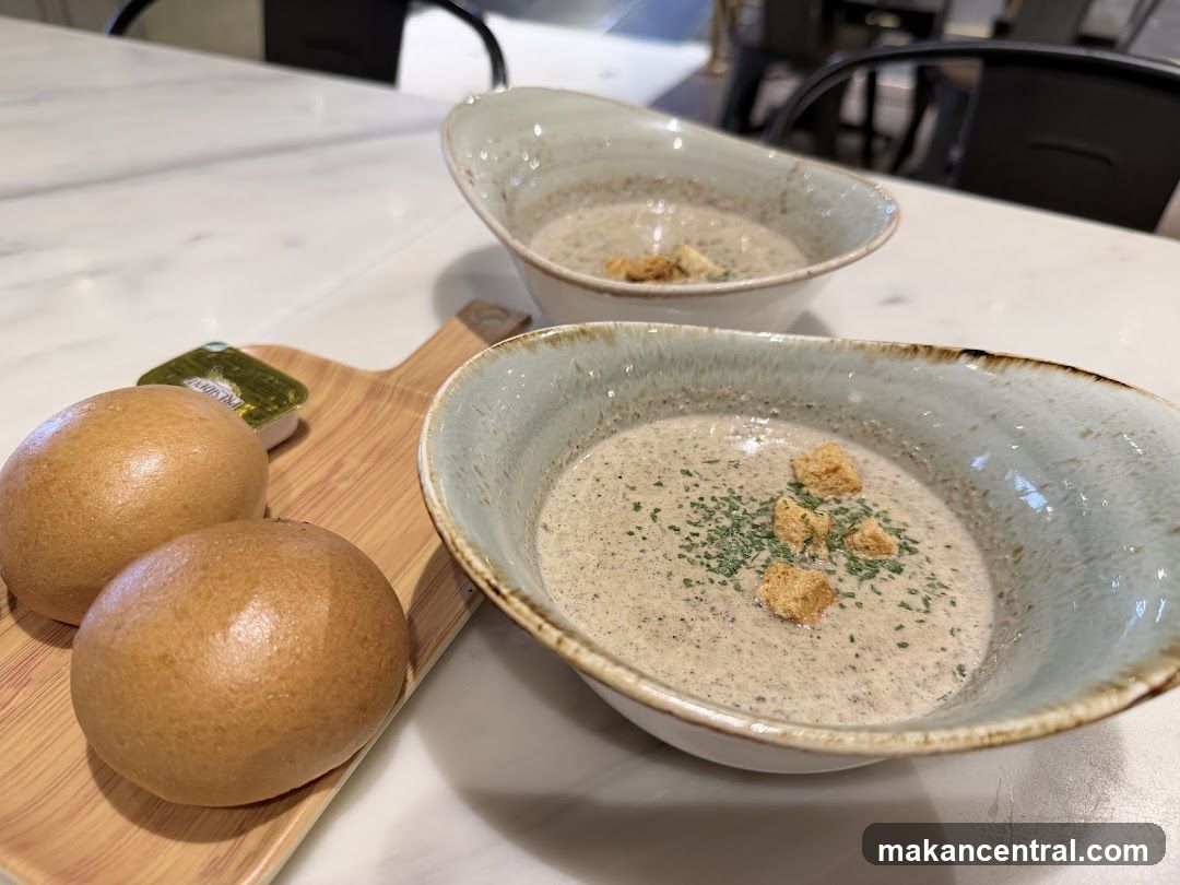 Mushroom Soup with Bread Rolls