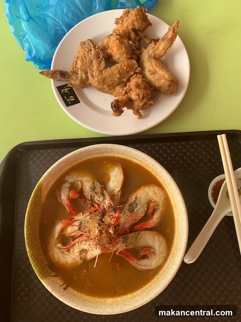 Fried Chicken Wings and Prawn Soup