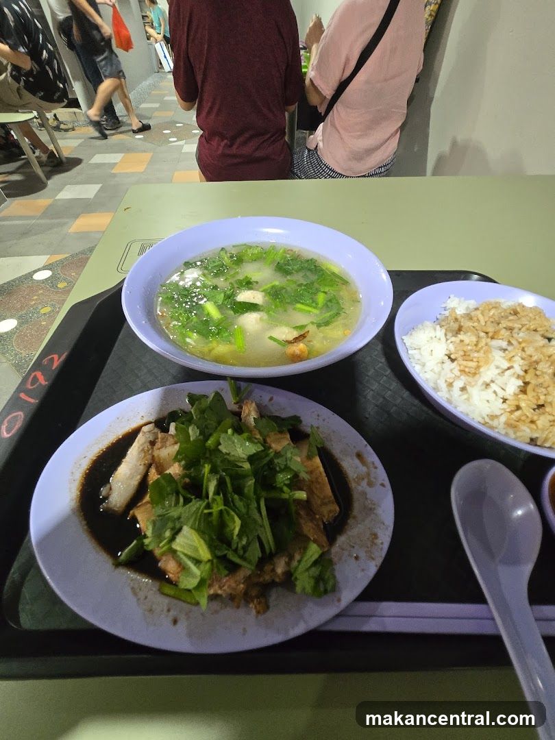 Food Tray with Soup, Rice, and Meat Dish