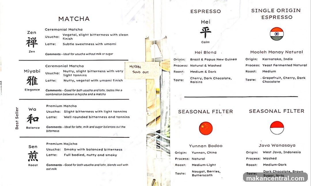 Matcha, Espresso, and Single Origin Espresso Menu